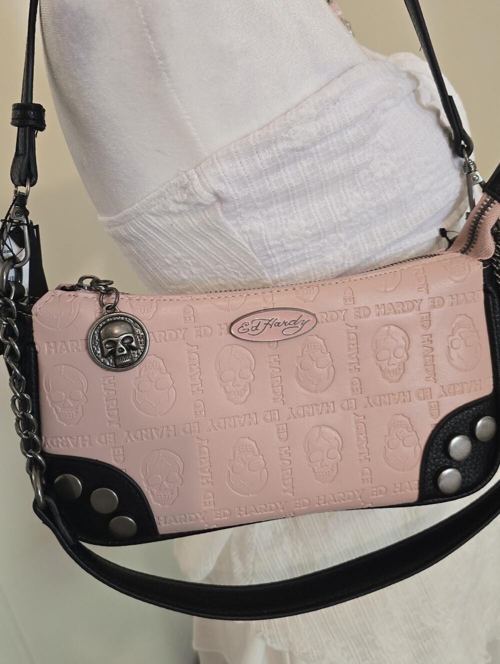 Ed Hardy Embossed Skull Baguette Crossbody Bag Pink Black Studded Y2K McBling